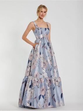 Mac Duggal Blue Floral Printed Satin Gown with Pockets